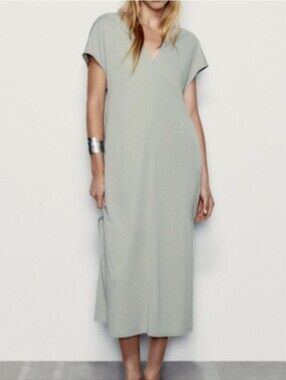 NWT Zara Relaxed V-Neck Midi Dress in Sage Green